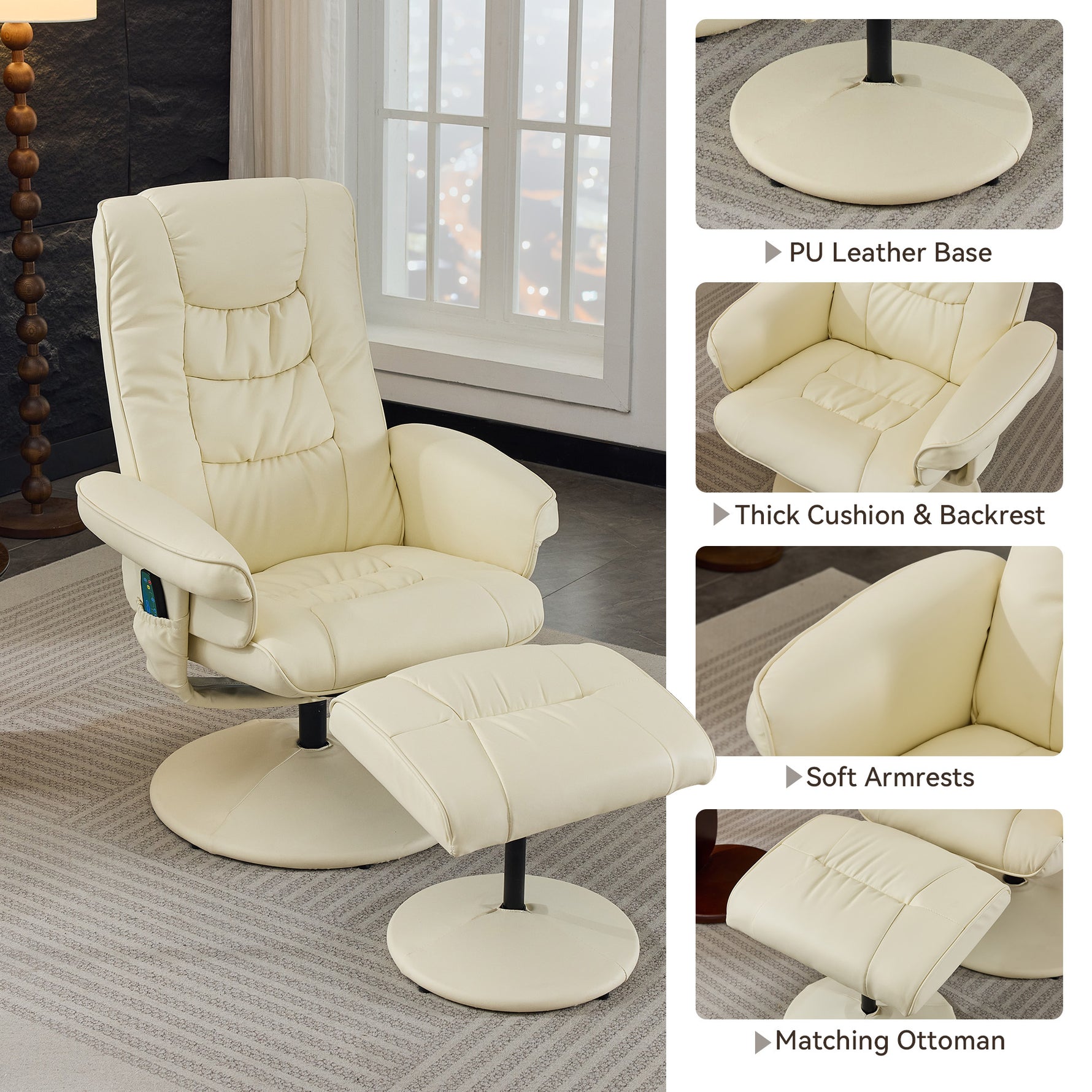 Ergonomic Recliner Chair with Ottoman - 360° Swivel Massage Lounge detail image 8